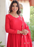 Wedding Special Vichitra Silk Intricate Embroidered Red Anarkali Gown