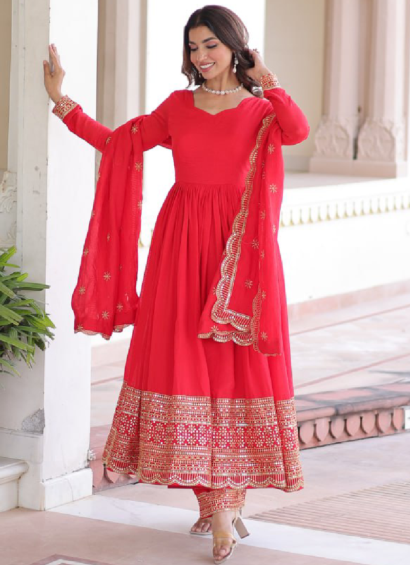Wedding Special Vichitra Silk Intricate Embroidered Red Anarkali Gown
