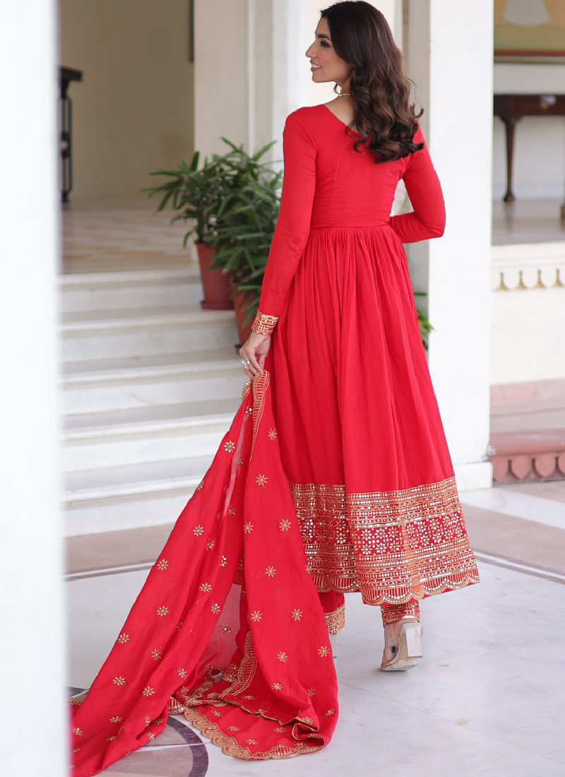 Wedding Special Vichitra Silk Intricate Embroidered Red Anarkali Gown