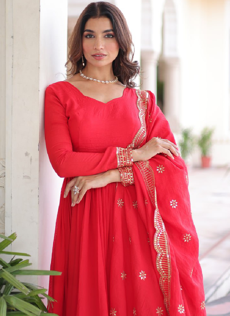 Wedding Special Vichitra Silk Intricate Embroidered Red Anarkali Gown