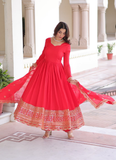 Wedding Special Vichitra Silk Intricate Embroidered Red Anarkali Gown