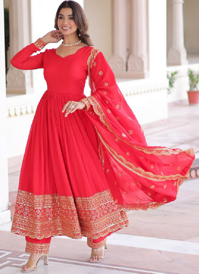 Wedding Special Vichitra Silk Intricate Embroidered Red Anarkali Gown