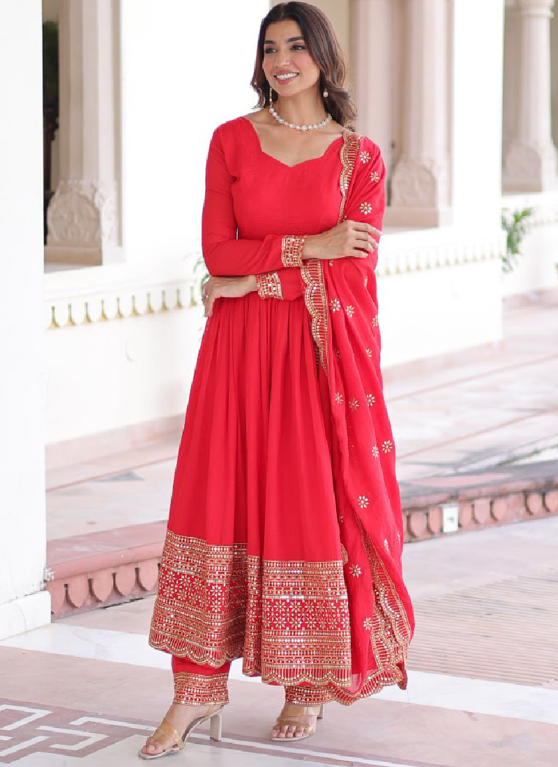 Wedding Special Vichitra Silk Intricate Embroidered Red Anarkali Gown