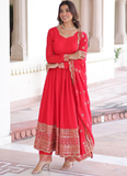 Wedding Special Vichitra Silk Intricate Embroidered Red Anarkali Gown