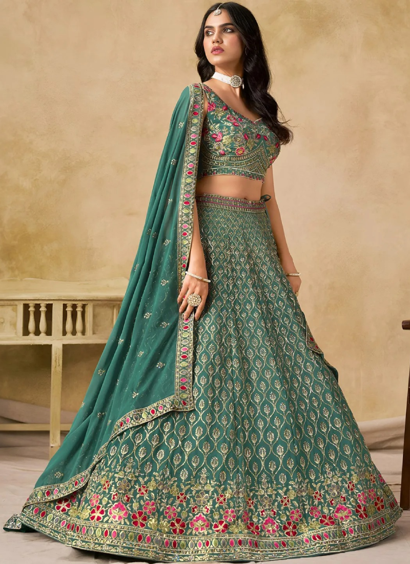 Wedding Wear Georgette Teal Green Thread Embroidery Lehenga Choli