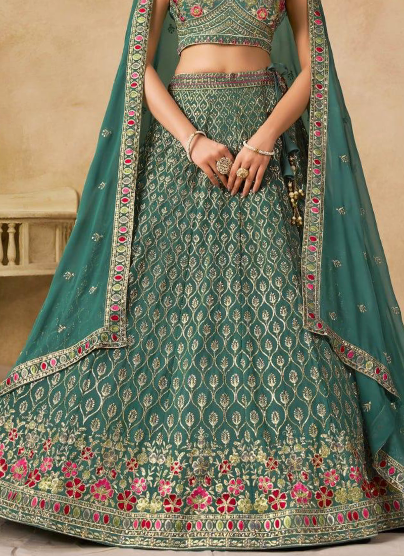 Wedding Wear Georgette Teal Green Thread Embroidery Lehenga Choli