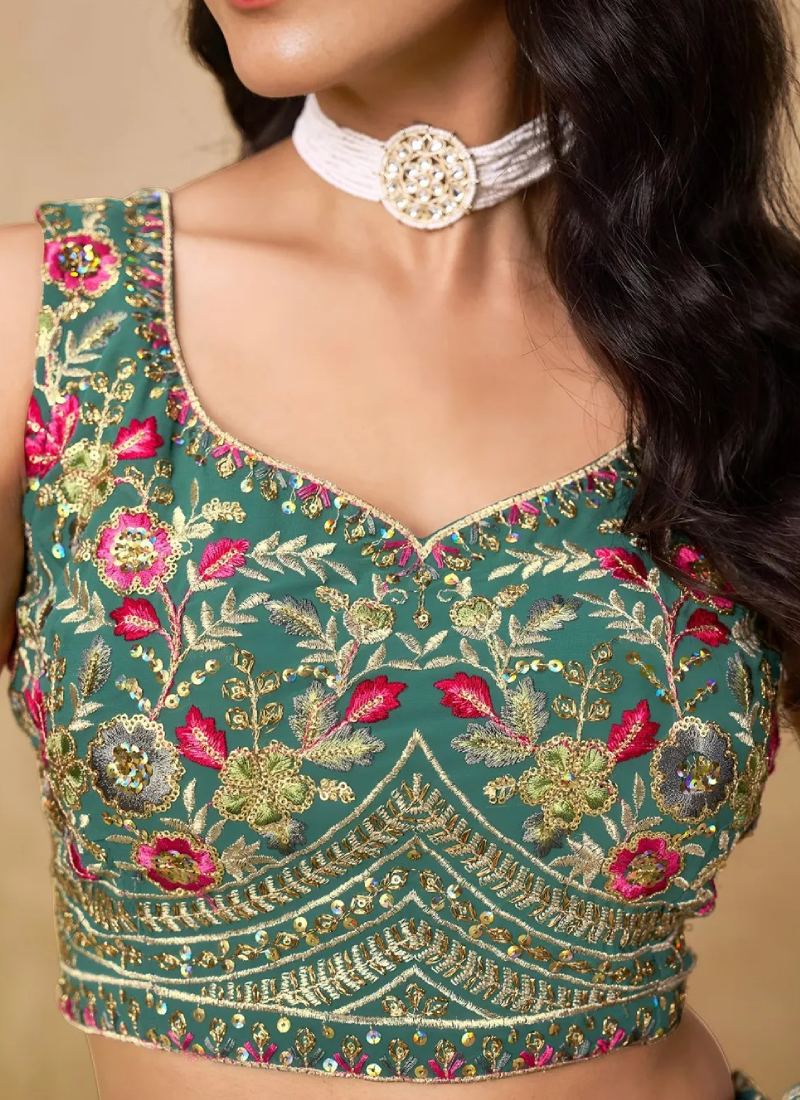 Wedding Wear Georgette Teal Green Thread Embroidery Lehenga Choli