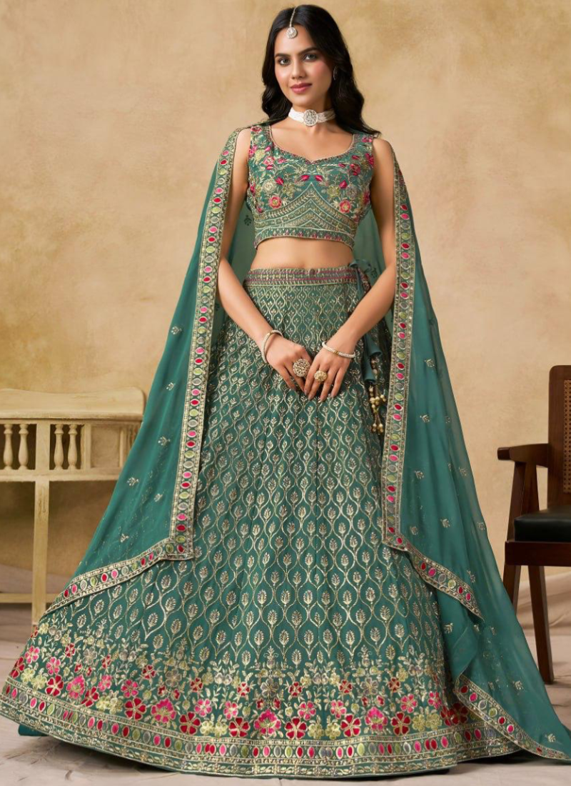 Wedding Wear Georgette Teal Green Thread Embroidery Lehenga Choli