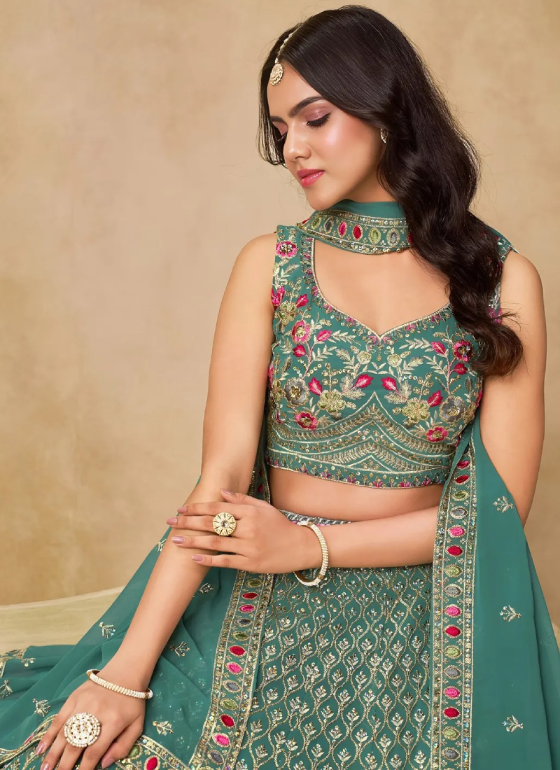 Wedding Wear Georgette Teal Green Thread Embroidery Lehenga Choli