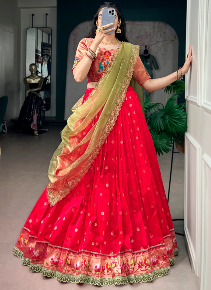 Wedding Wear Jacquard Silk Rani Pink Zari Weaving Paithani Lehenga Set