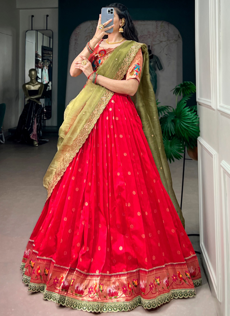 Wedding Wear Jacquard Silk Rani Pink Zari Weaving Paithani Lehenga Set