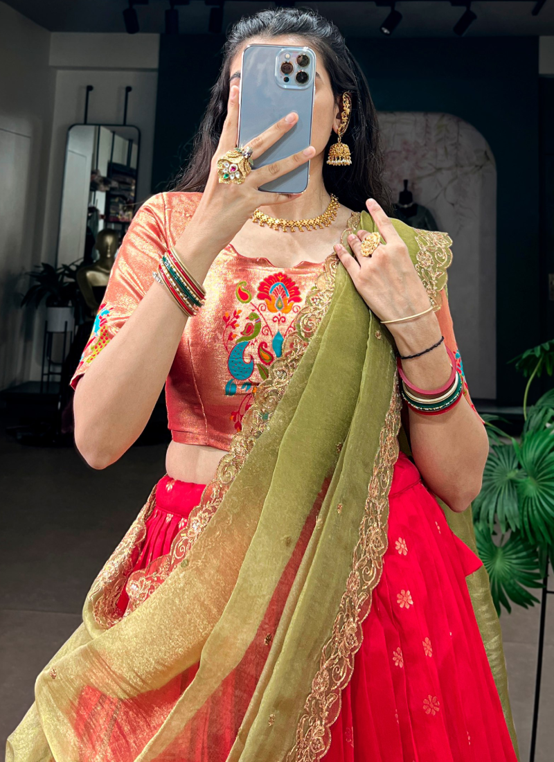 Wedding Wear Jacquard Silk Rani Pink Zari Weaving Paithani Lehenga Set