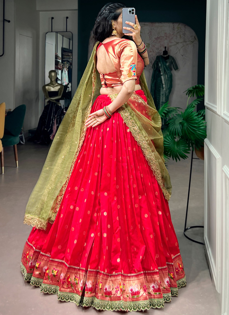 Wedding Wear Jacquard Silk Rani Pink Zari Weaving Paithani Lehenga Set