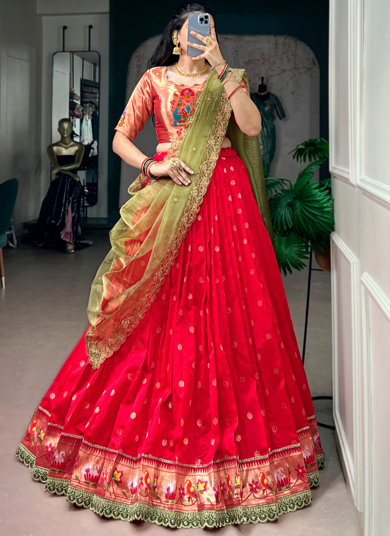 Wedding Wear Jacquard Silk Rani Pink Zari Weaving Paithani Lehenga Set