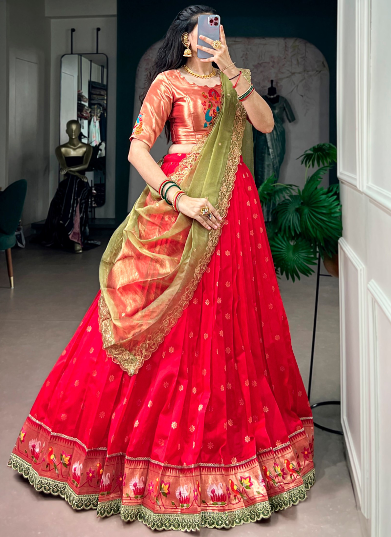 Wedding Wear Jacquard Silk Rani Pink Zari Weaving Paithani Lehenga Set