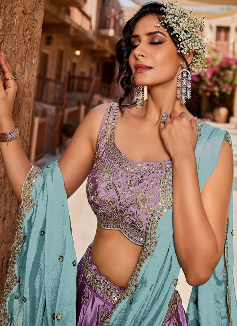 Wedding Wear Lavender Zari Sequence Embroidered Art Silk Lehenga Set