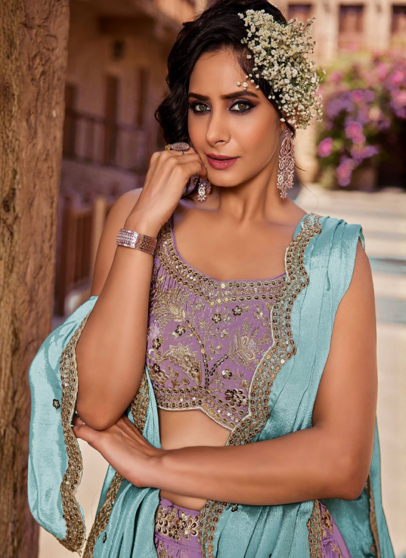 Wedding Wear Lavender Zari Sequence Embroidered Art Silk Lehenga Set