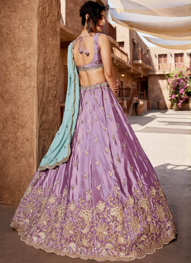 Wedding Wear Lavender Zari Sequence Embroidered Art Silk Lehenga Set
