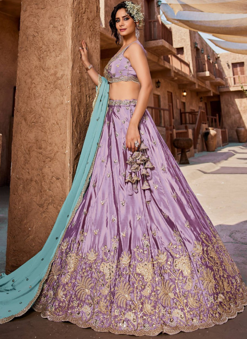Wedding Wear Lavender Zari Sequence Embroidered Art Silk Lehenga Set