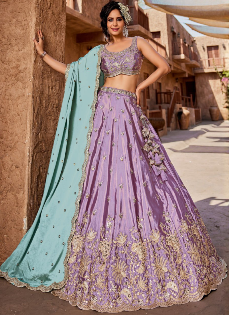 Wedding Wear Lavender Zari Sequence Embroidered Art Silk Lehenga Set