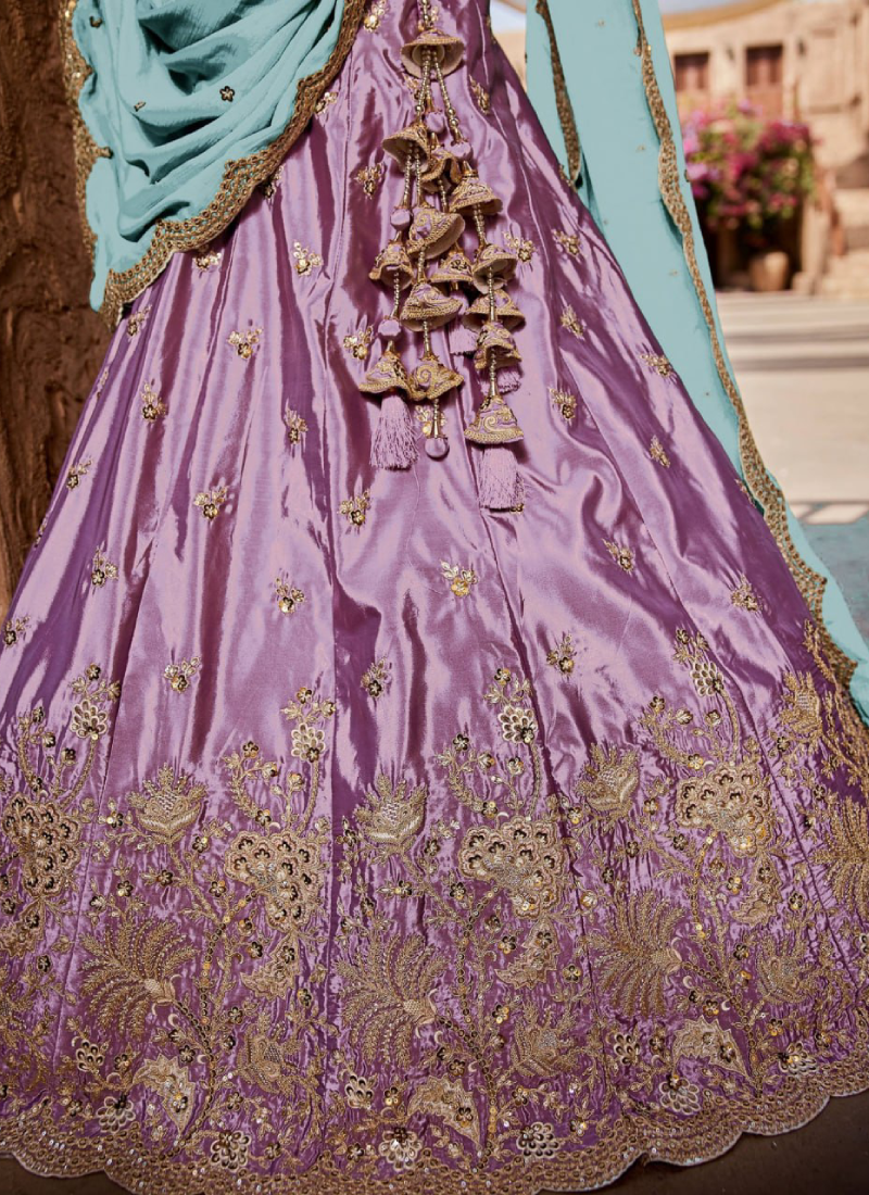 Wedding Wear Lavender Zari Sequence Embroidered Art Silk Lehenga Set