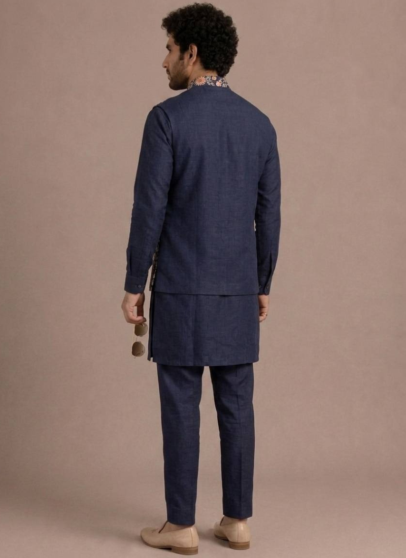 Wedding Wear Men's Outfit Thread Embroidered Navy Blue Man Koti Kurta
