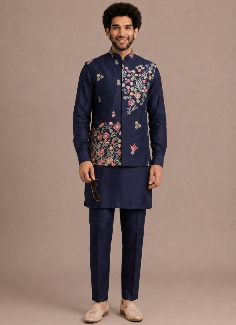 Wedding Wear Men's Outfit Thread Embroidered Navy Blue Man Koti Kurta