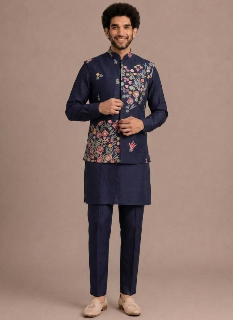 Wedding Wear Men's Outfit Thread Embroidered Navy Blue Man Koti Kurta