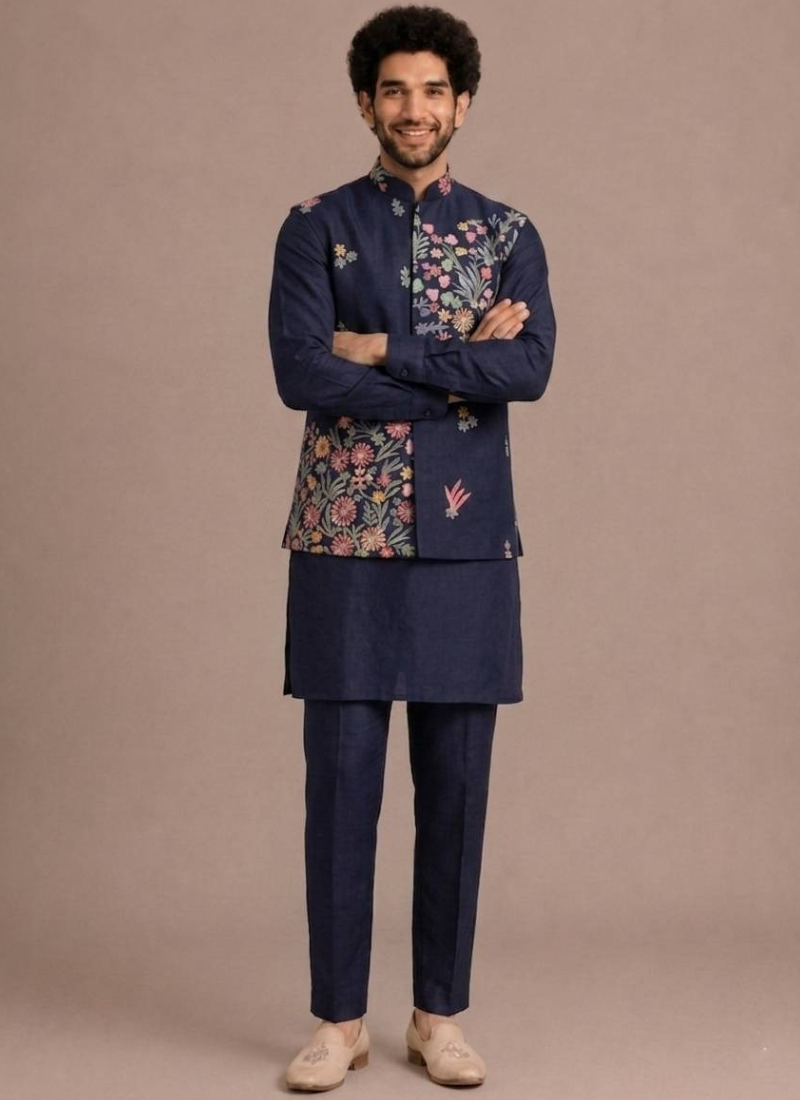 Wedding Wear Men's Outfit Thread Embroidered Navy Blue Man Koti Kurta
