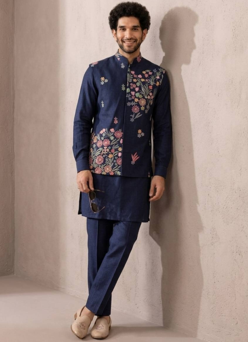 Wedding Wear Men's Outfit Thread Embroidered Navy Blue Man Koti Kurta