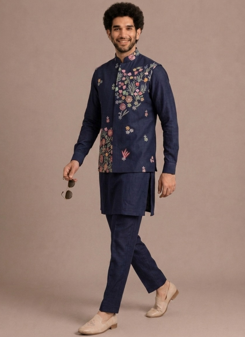 Wedding Wear Men's Outfit Thread Embroidered Navy Blue Man Koti Kurta