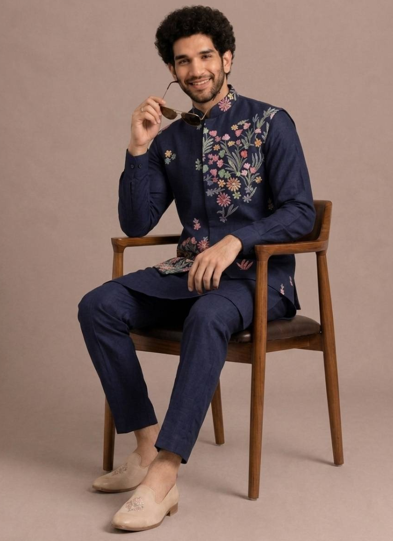 Wedding Wear Men's Outfit Thread Embroidered Navy Blue Man Koti Kurta