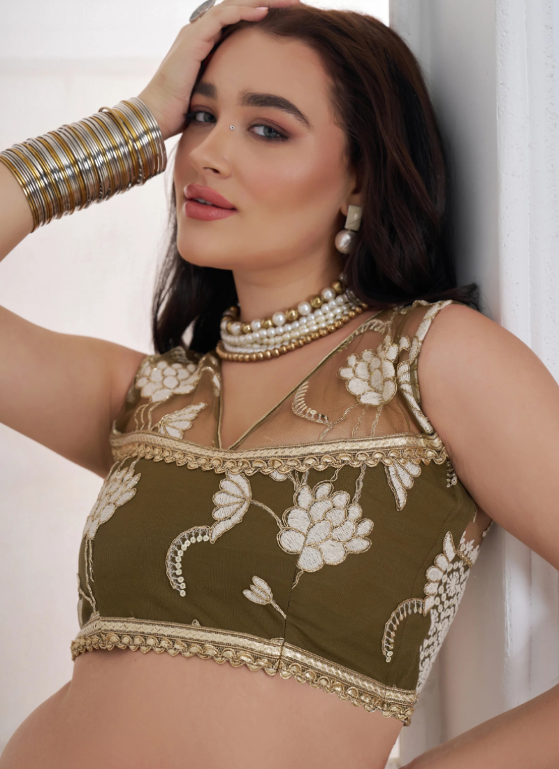 Wedding Wear Olive Green Thread Embroidery Sequence Net Lehenga Choli