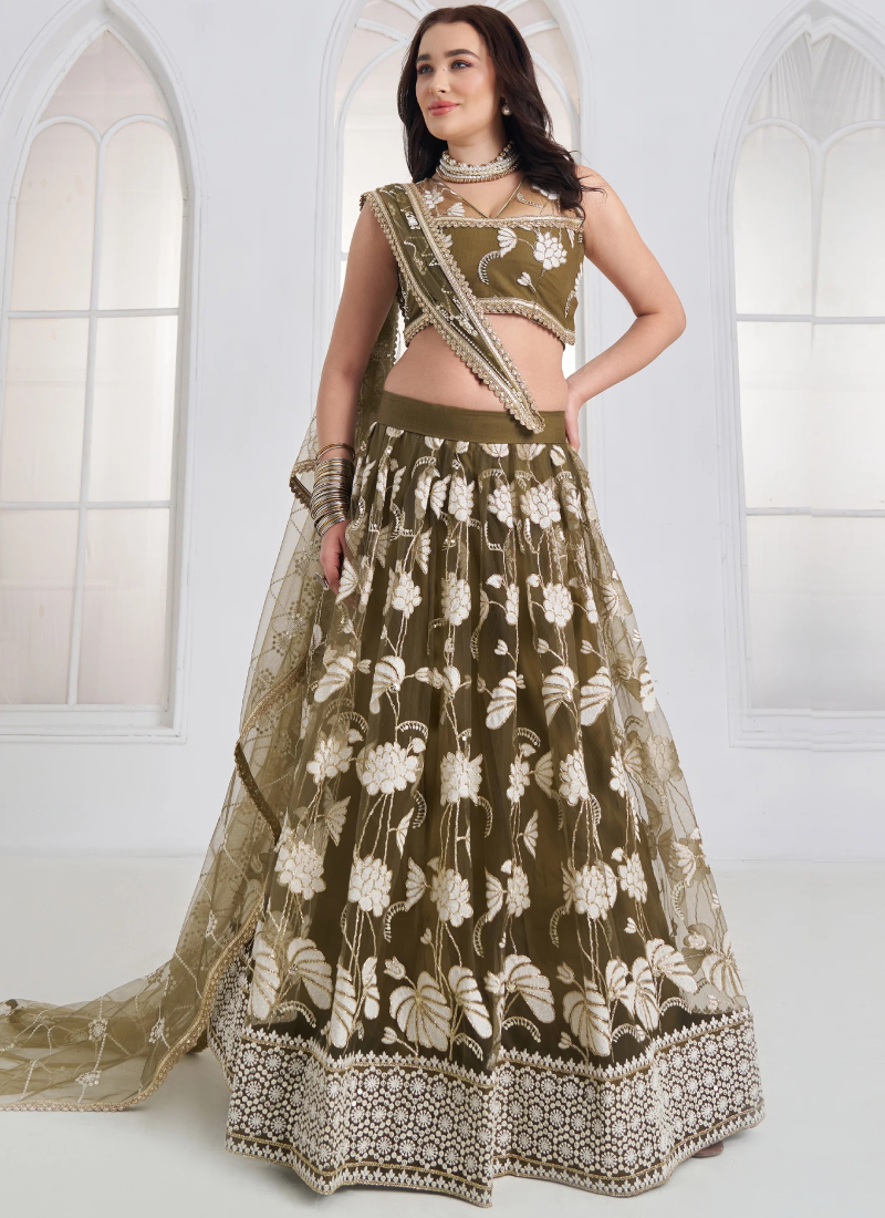 Wedding Wear Olive Green Thread Embroidery Sequence Net Lehenga Choli