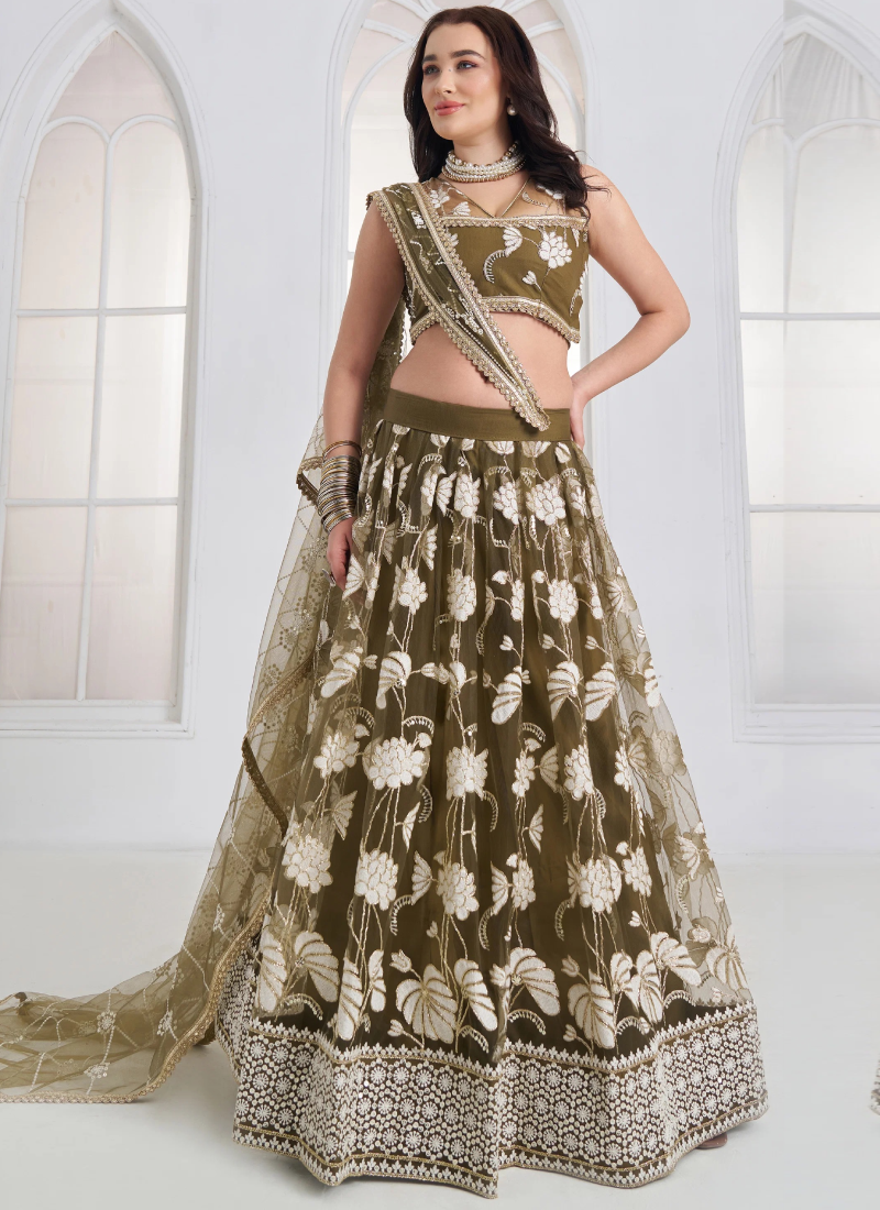 Wedding Wear Olive Green Thread Embroidery Sequence Net Lehenga Choli