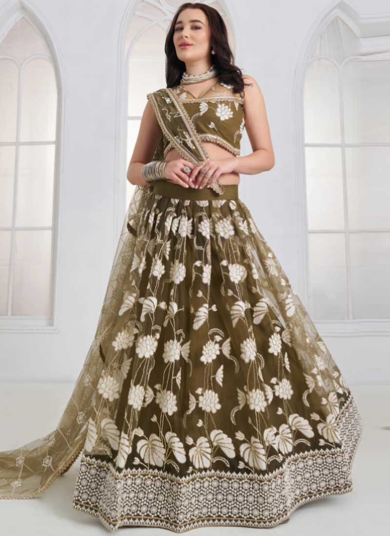 Wedding Wear Olive Green Thread Embroidery Sequence Net Lehenga Choli