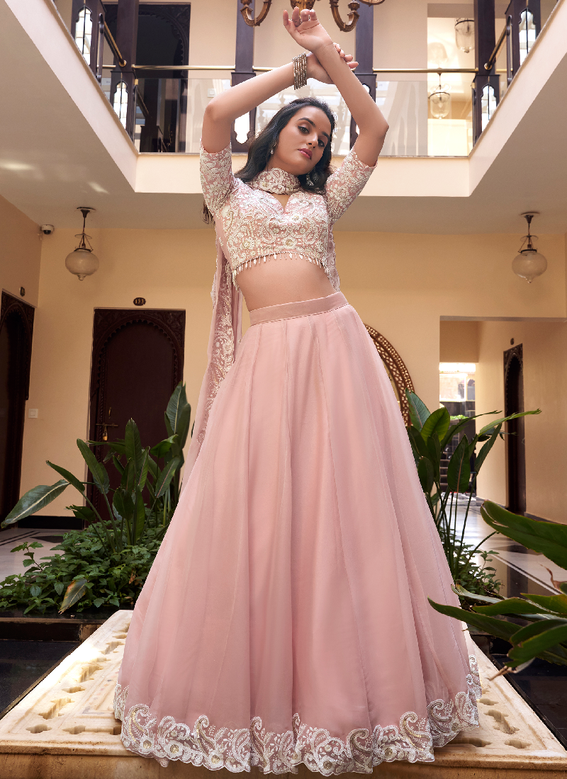 Wedding Wear Silk Light Pink Thread Sequence Work Lehenga Choli