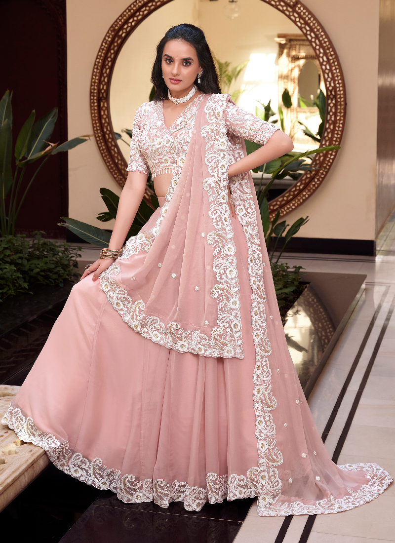 Wedding Wear Silk Light Pink Thread Sequence Work Lehenga Choli