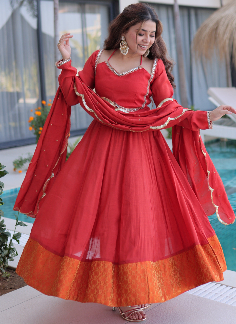 Wedding Wear Chanderi Real Mirror Lace Border Red Anarkali Gown Set