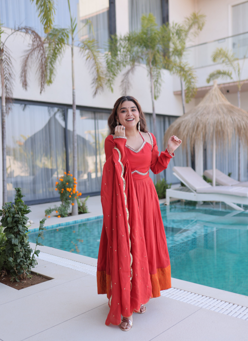 Wedding Wear Chanderi Real Mirror Lace Border Red Anarkali Gown Set