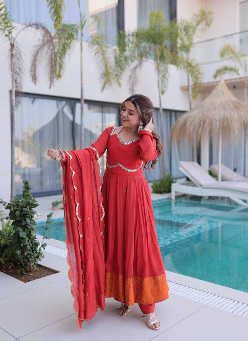 Wedding Wear Chanderi Real Mirror Lace Border Red Anarkali Gown Set