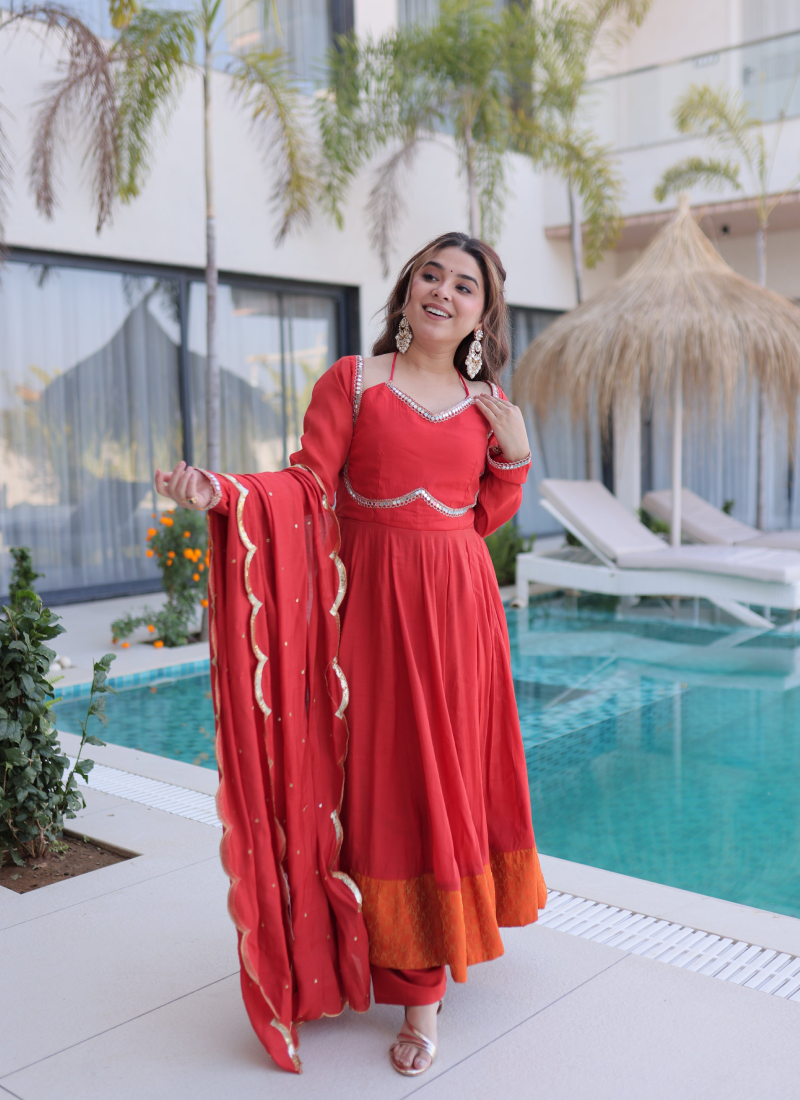 Wedding Wear Chanderi Real Mirror Lace Border Red Anarkali Gown Set
