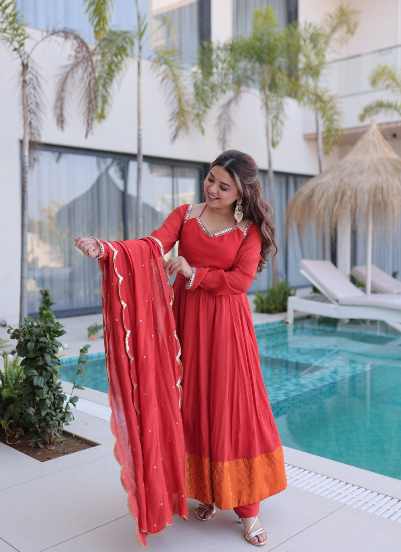 Wedding Wear Chanderi Real Mirror Lace Border Red Anarkali Gown Set