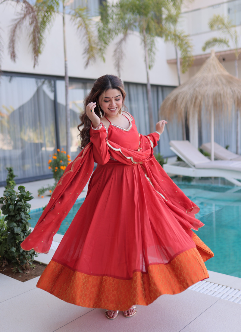 Wedding Wear Chanderi Real Mirror Lace Border Red Anarkali Gown Set