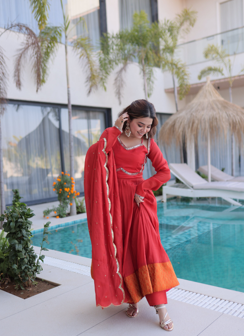 Wedding Wear Chanderi Real Mirror Lace Border Red Anarkali Gown Set