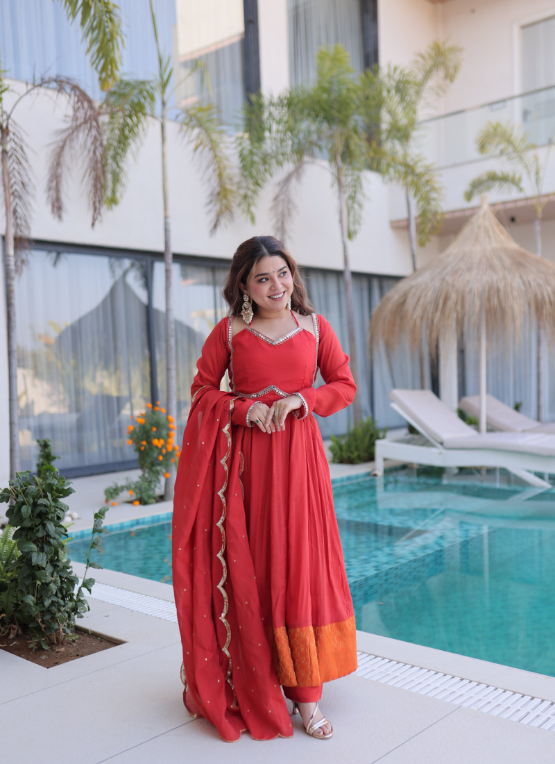 Wedding Wear Chanderi Real Mirror Lace Border Red Anarkali Gown Set