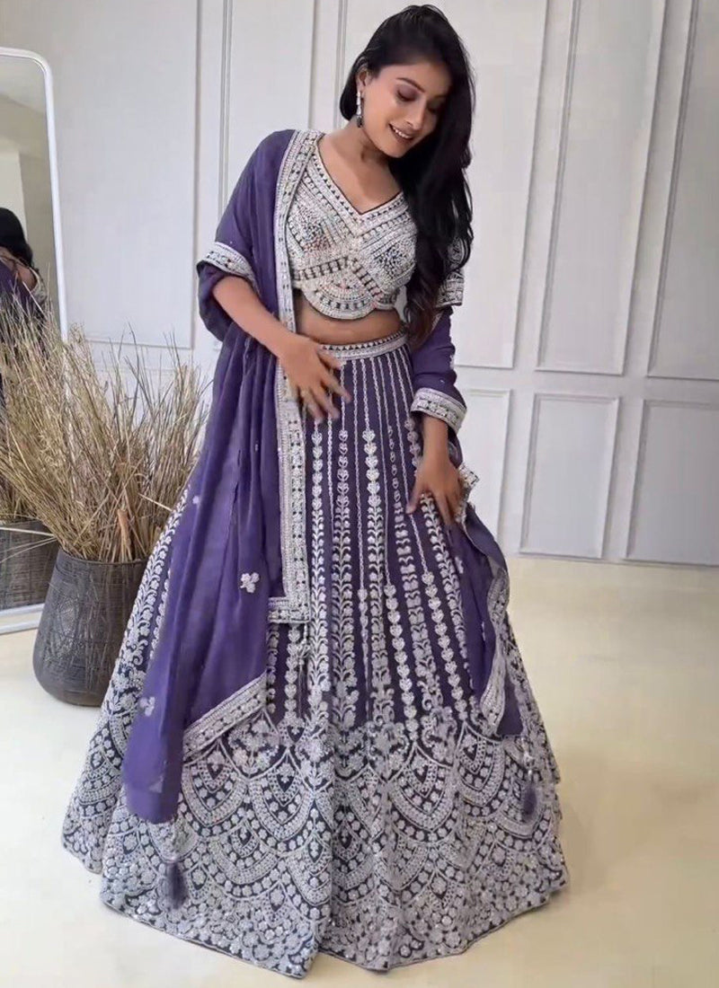 Wedding Wear Coding Dori Embroidered Purple Georgette Lehenga Choli