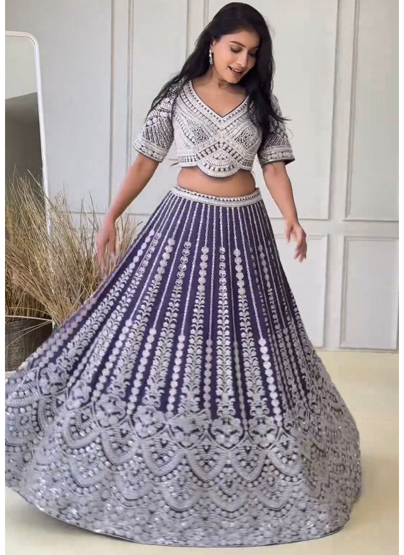 Wedding Wear Coding Dori Embroidered Purple Georgette Lehenga Choli