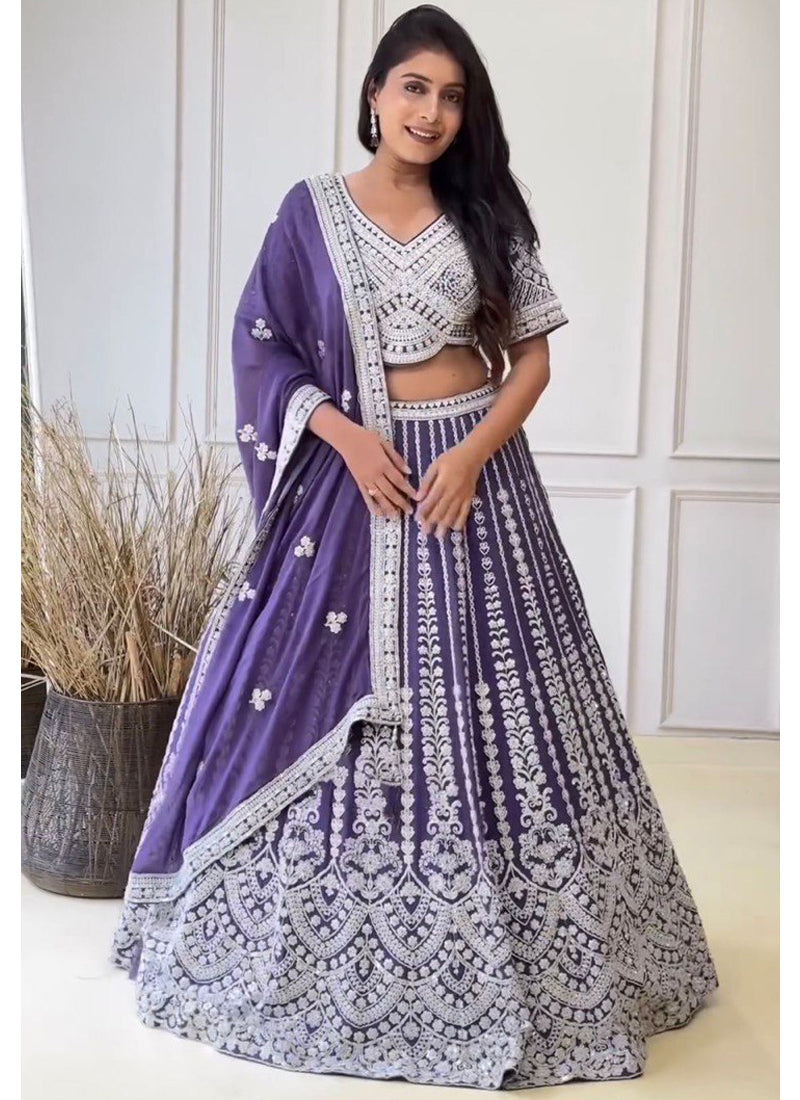 Wedding Wear Coding Dori Embroidered Purple Georgette Lehenga Choli