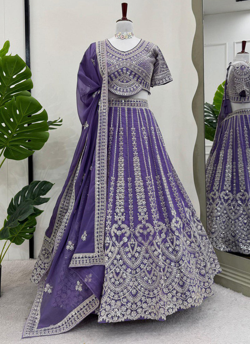 Wedding Wear Coding Dori Embroidered Purple Georgette Lehenga Choli